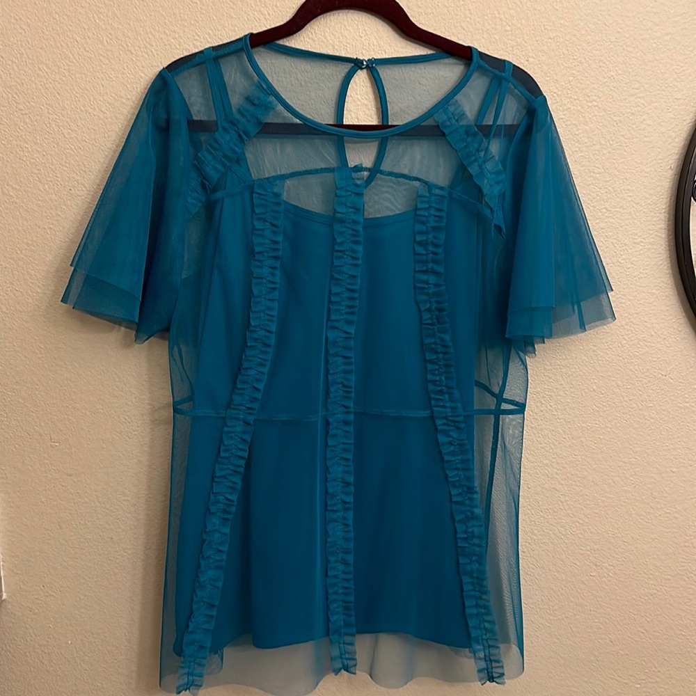 This is a beautiful Emerald Green Lane Bryant Sheer top with attached Camisole.
